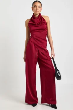 Pantalon Large en Satin à Taille Coulissée