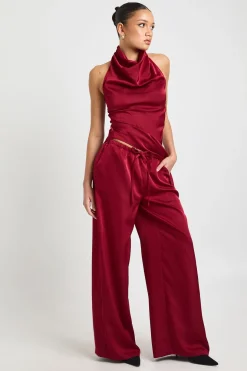 Pantalon Large en Satin à Taille Coulissée