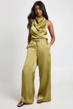 Pantalon Large En Satin À Taille Coulissée