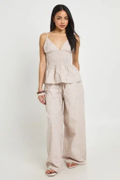 Pantalon Large En Seersucker À Carreaux Vichy