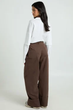 Pantalon Large En Sergé À Ourlet Retroussé
