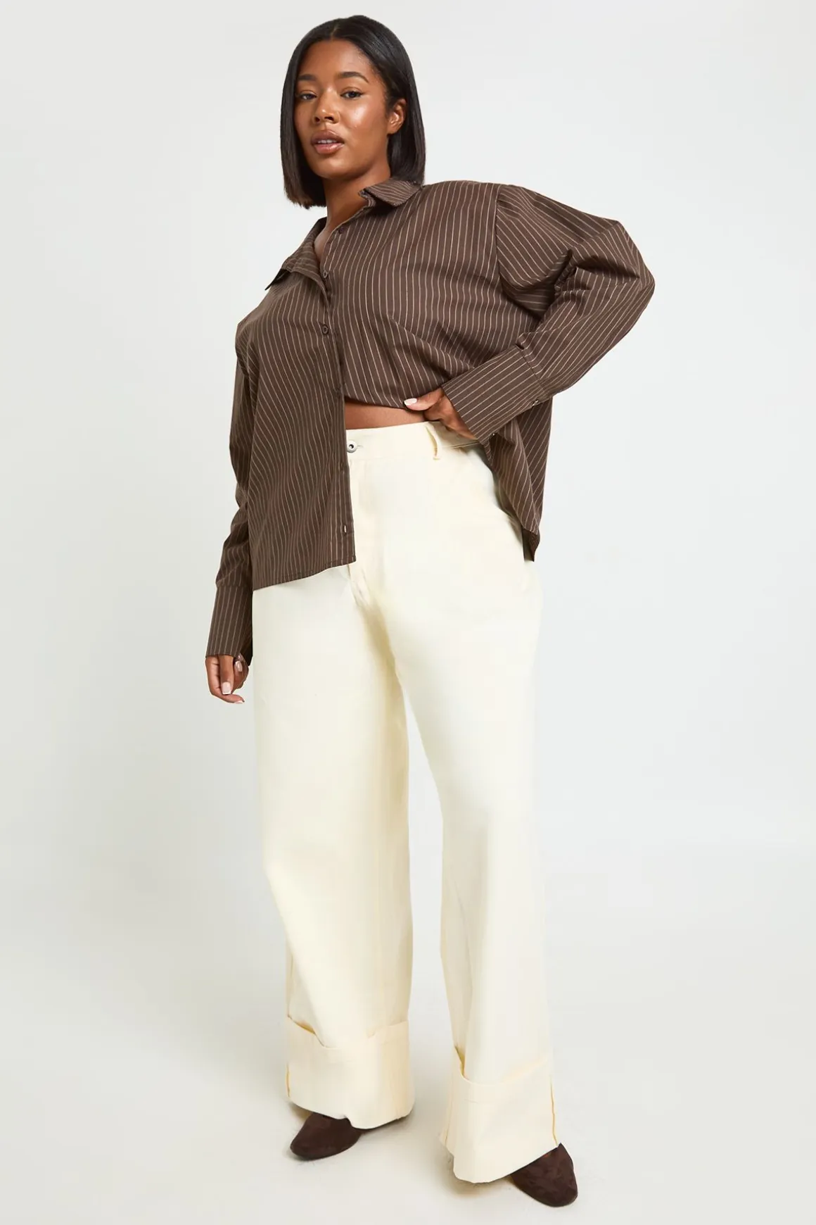 Pantalon Large En Sergé À Ourlet Retroussé Plus