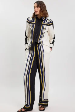 Pantalon Large En Sergé Tissé À Bandes Contrastées