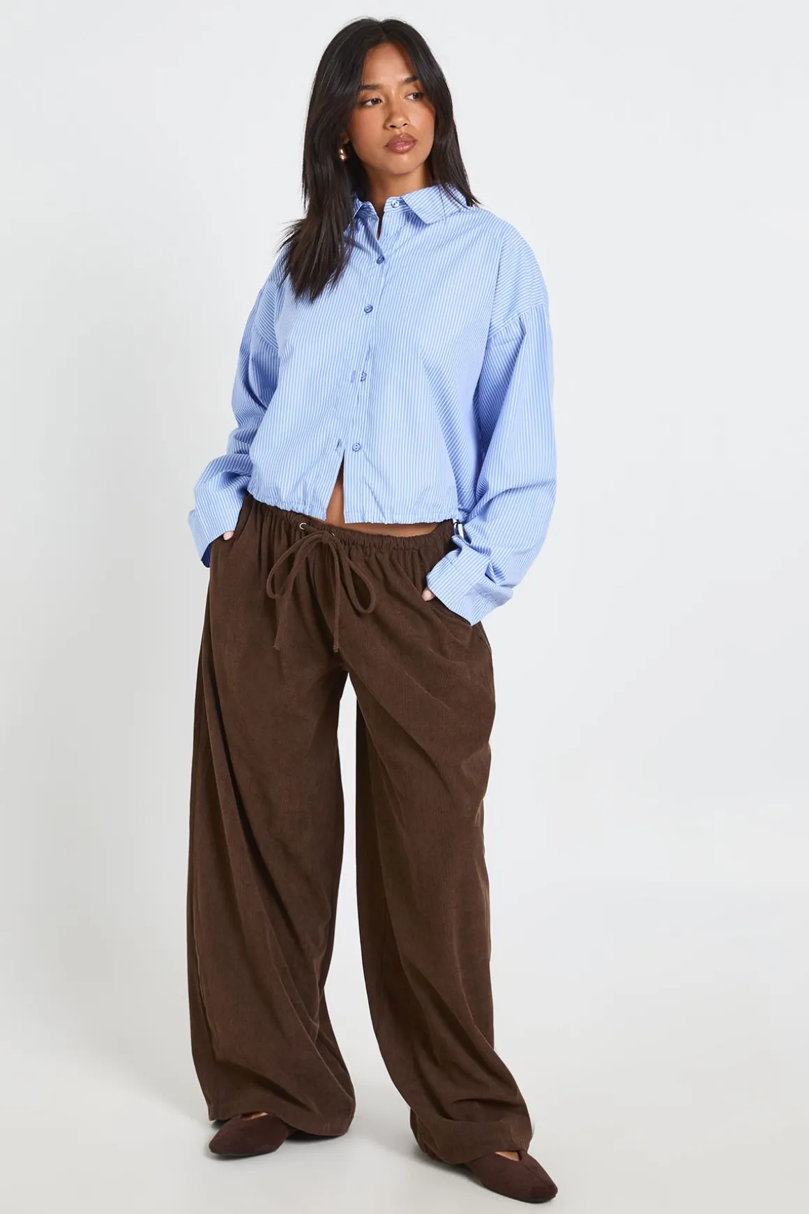 Pantalon Large En Velours Côtelé Avec Taille Cordon De Serrage Petite