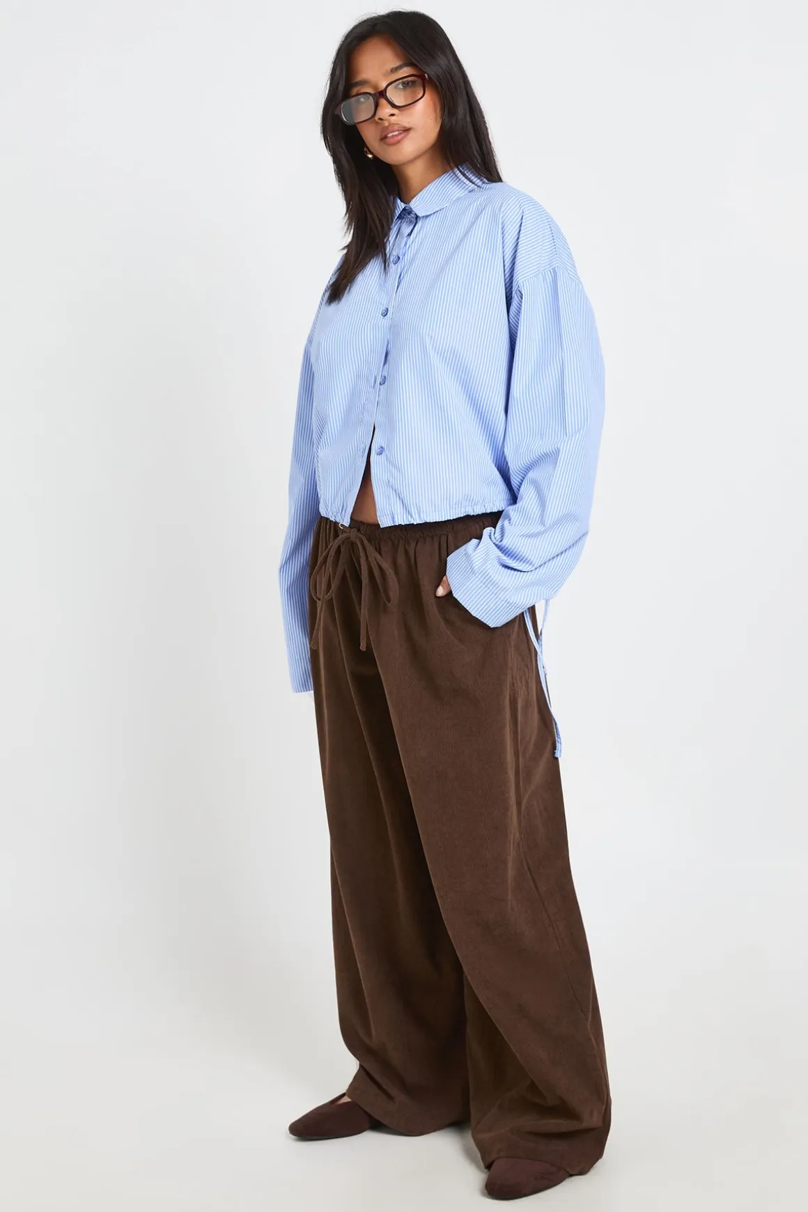 Pantalon Large En Velours Côtelé Avec Taille Cordon De Serrage Petite