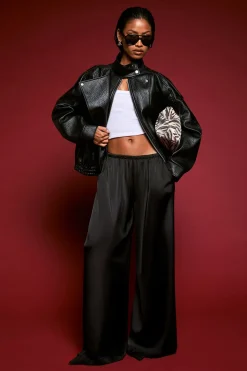 Pantalon Large à Finitions Dentelle Satinée