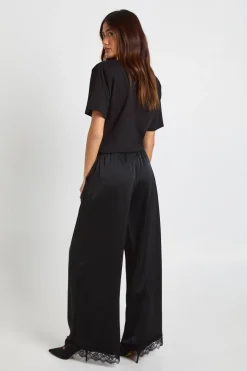 Pantalon Large à Finitions Dentelle Satinée