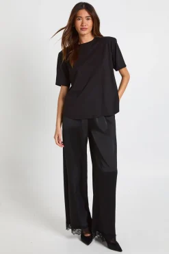 Pantalon Large à Finitions Dentelle Satinée