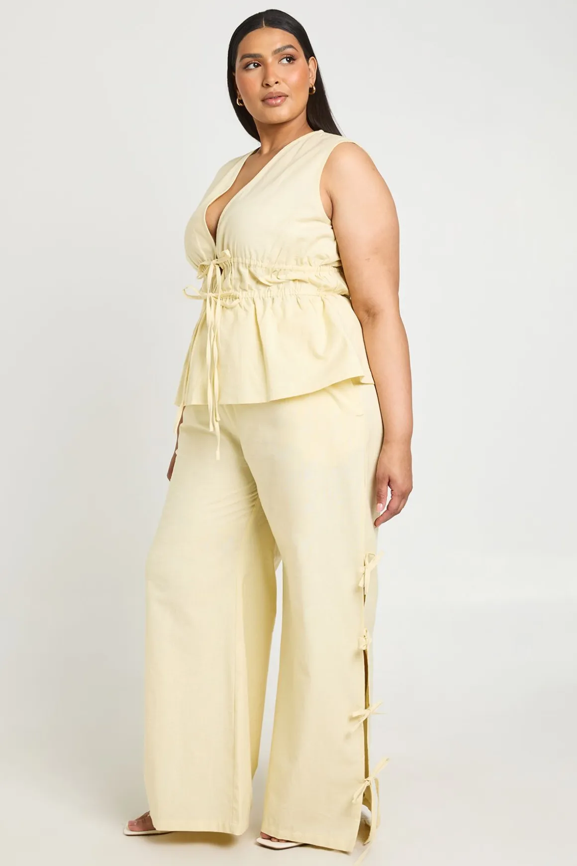 Pantalon Large Grande Taille Aspect Lin Avec Liens Latéraux