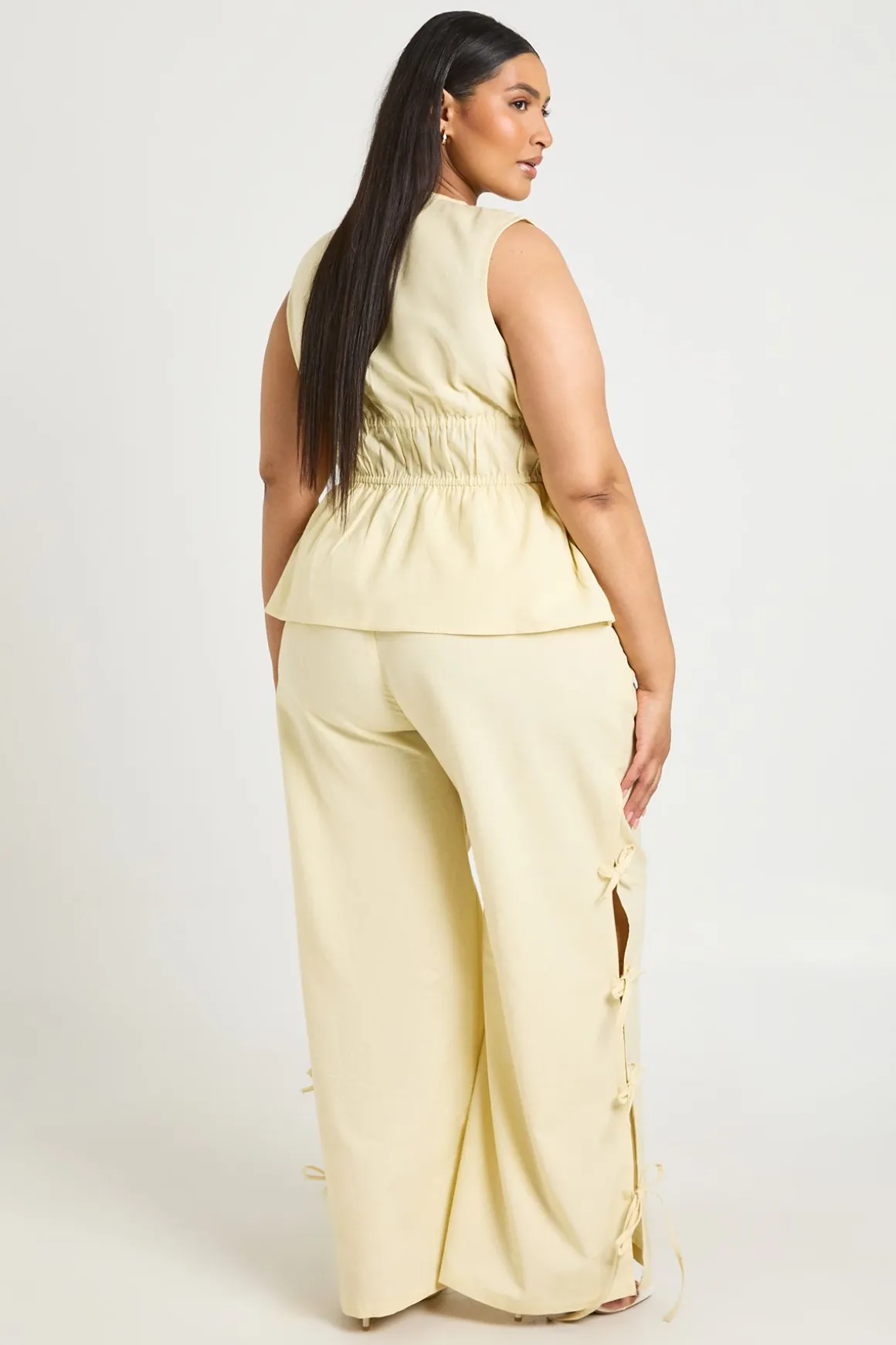 Pantalon Large Grande Taille Aspect Lin Avec Liens Latéraux