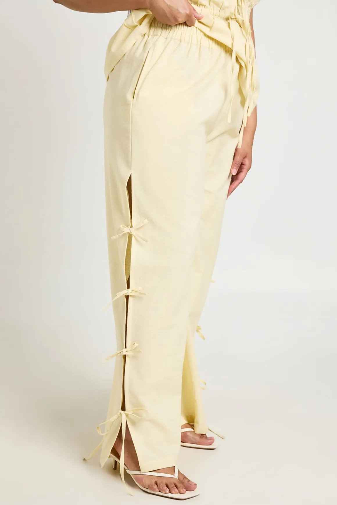 Pantalon Large Grande Taille Aspect Lin Avec Liens Latéraux