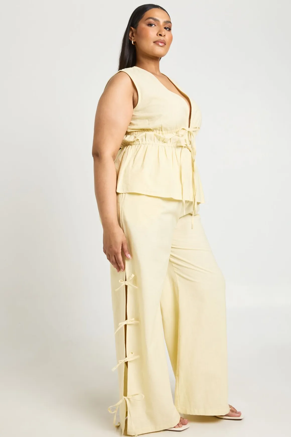 Pantalon Large Grande Taille Aspect Lin Avec Liens Latéraux