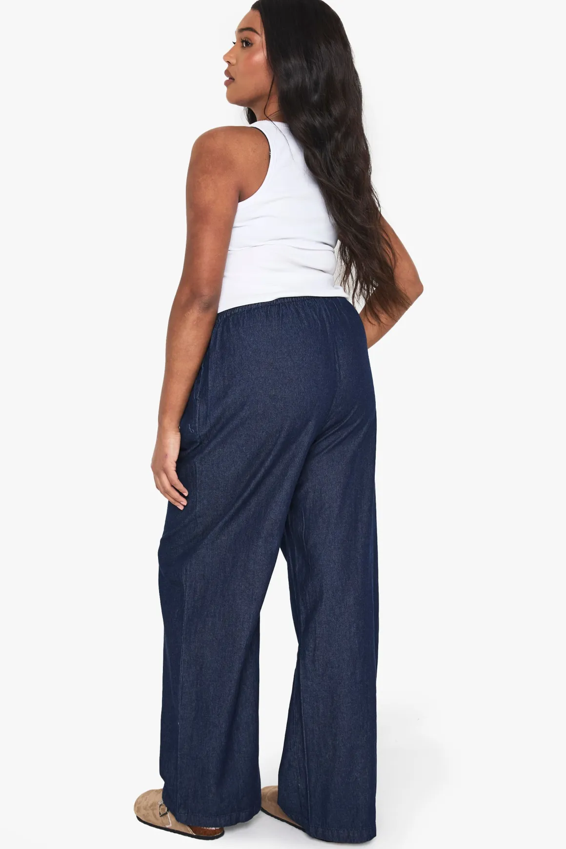 Pantalon Large Grande Taille En Chambray Avec Cordon De Serrage