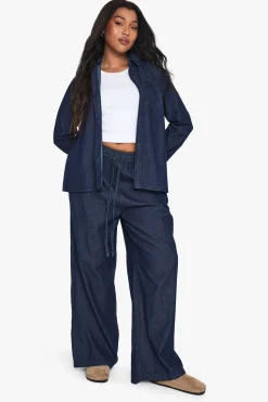 Pantalon Large Grande Taille En Chambray Avec Cordon De Serrage