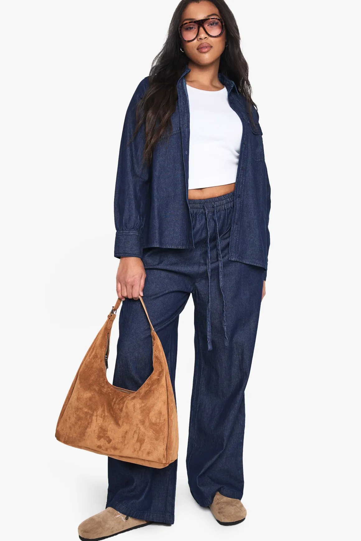 Pantalon Large Grande Taille En Chambray Avec Cordon De Serrage