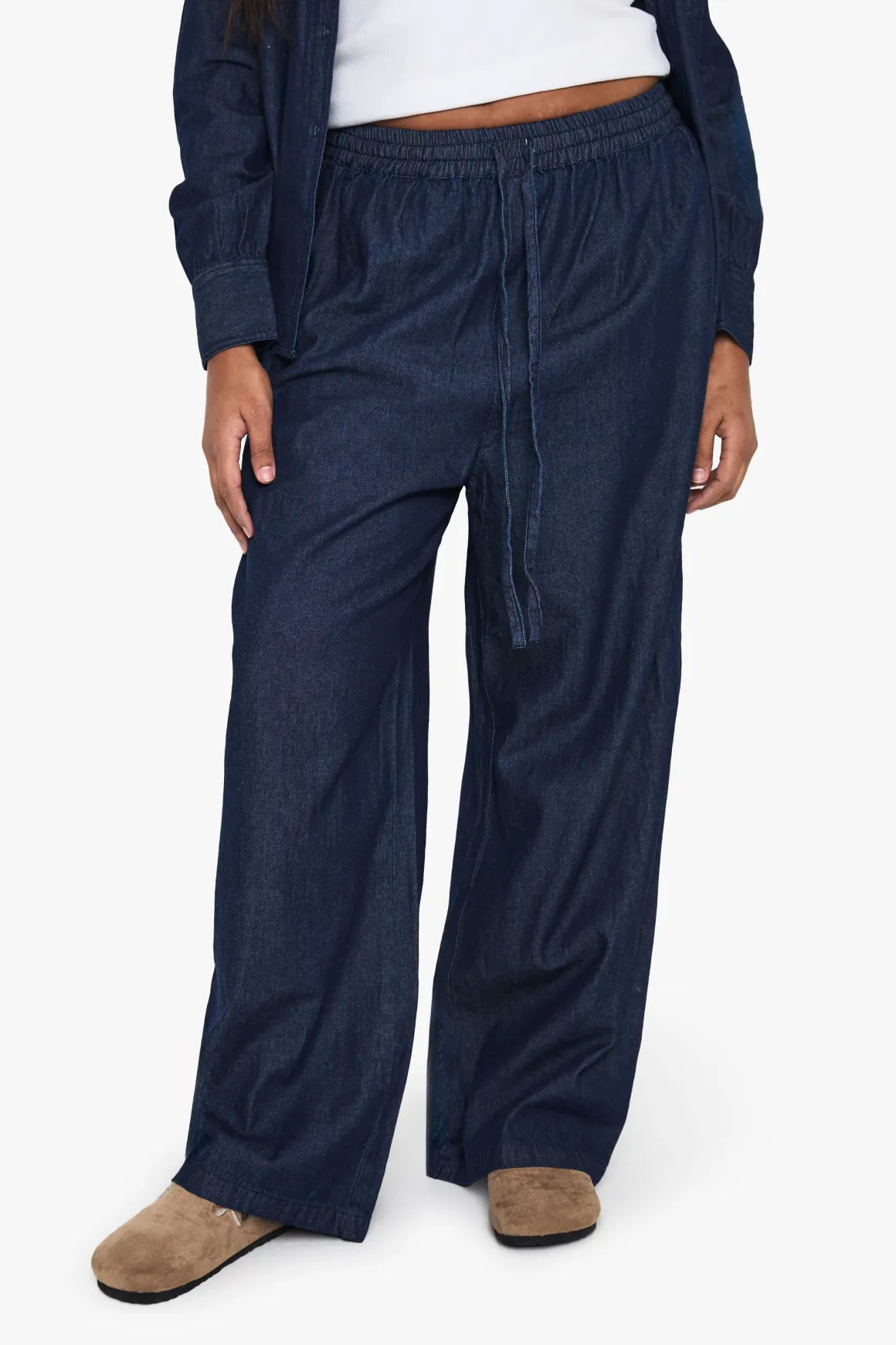 Pantalon Large Grande Taille En Chambray Avec Cordon De Serrage