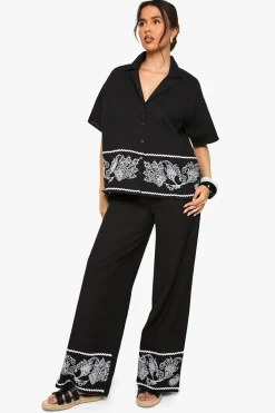 Pantalon Large Jambe en Popeline de Coton avec Bordure Brodée