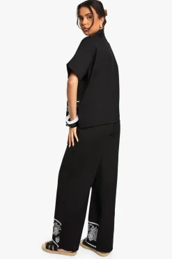 Pantalon Large Jambe en Popeline de Coton avec Bordure Brodée