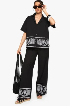 Pantalon Large Jambe en Popeline de Coton avec Bordure Brodée