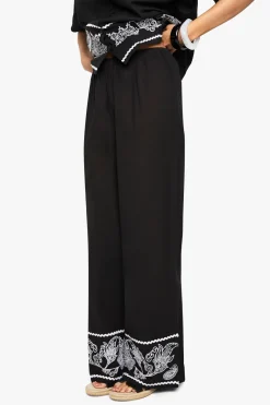Pantalon Large Jambe en Popeline de Coton avec Bordure Brodée