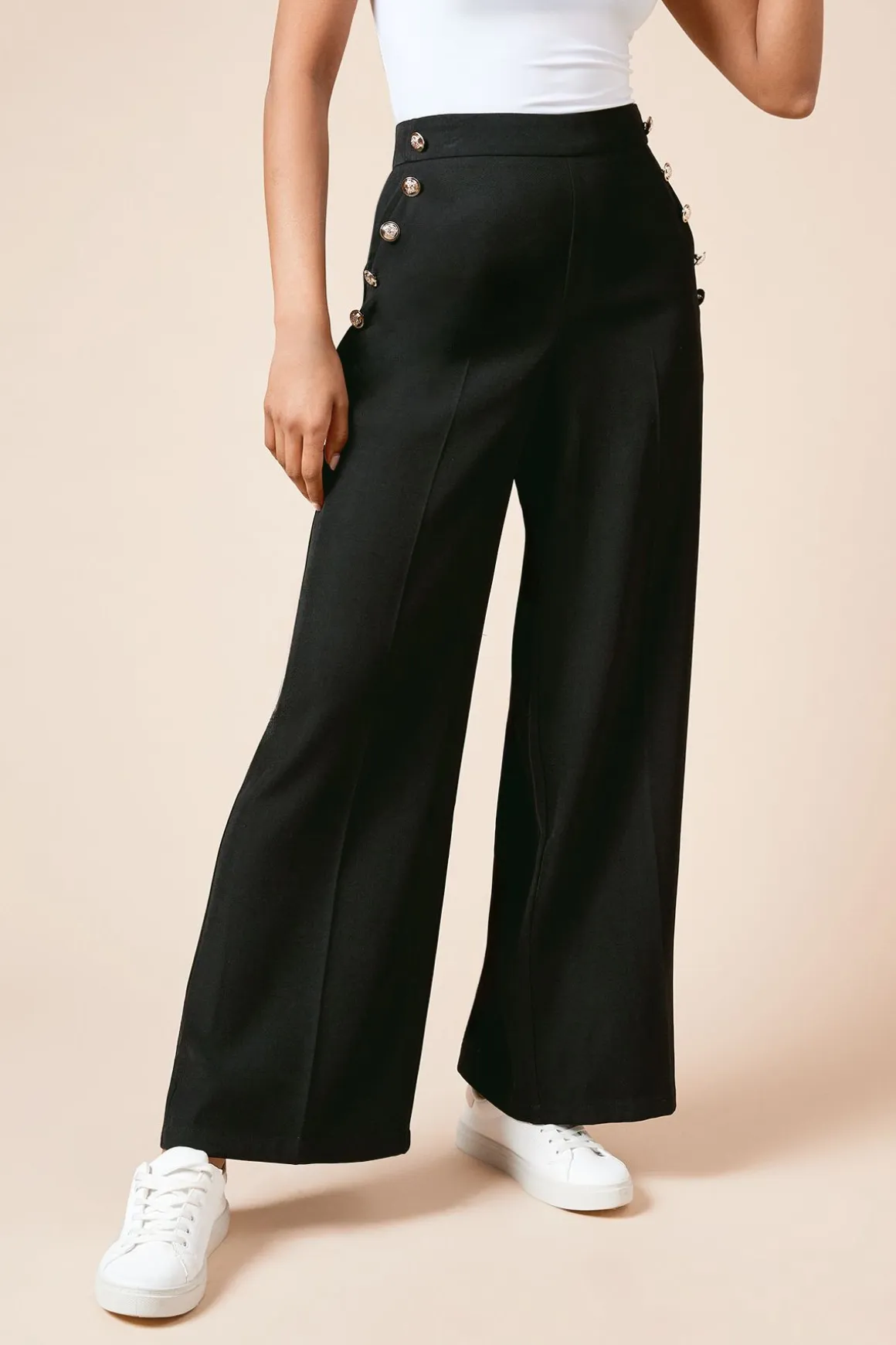 Pantalon Large Petite à Détails Boutons Militaires