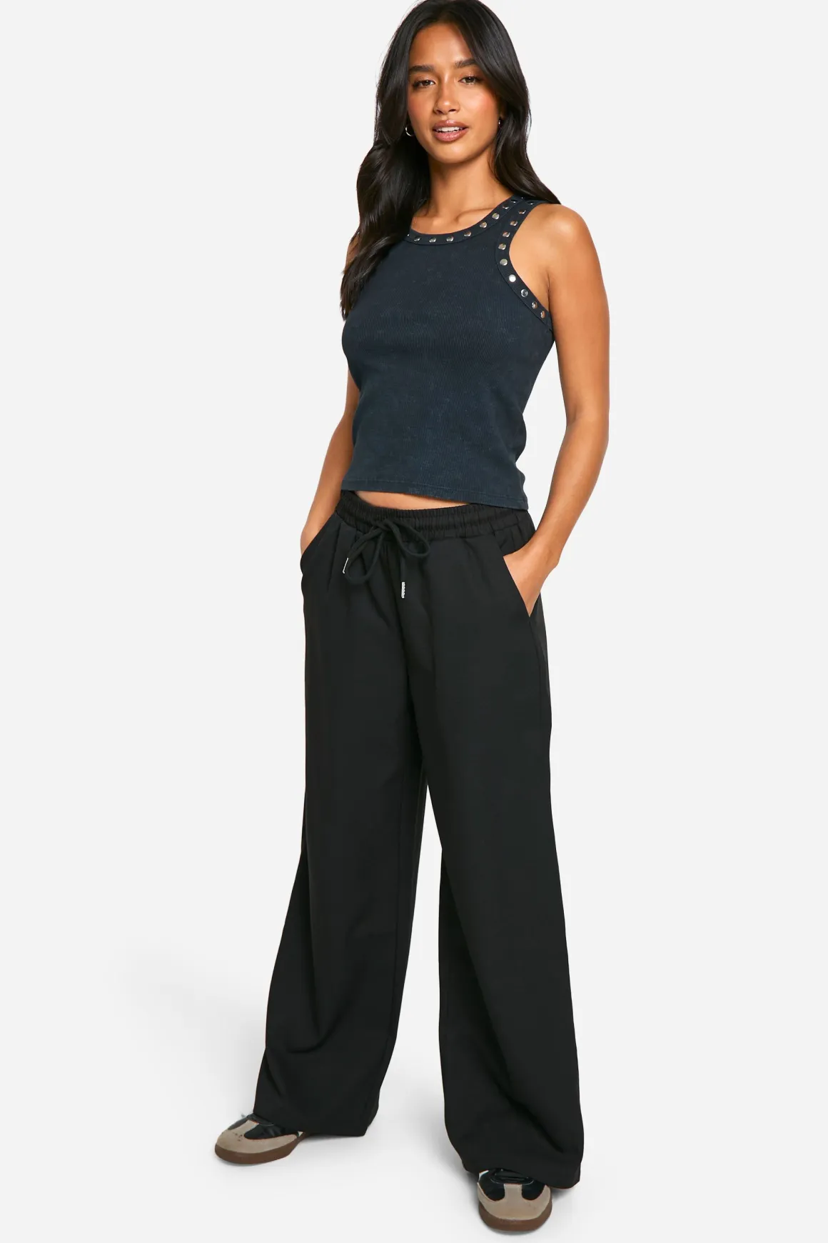 Pantalon Large Petite À Taille Ajustable Avec Cordon De Serrage