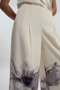 Pantalon Large à Plis en Crêpe Tailleur avec Imprimé Floral Placé
