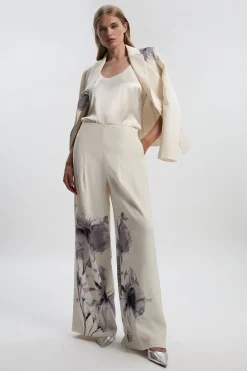 Pantalon Large à Plis en Crêpe Tailleur avec Imprimé Floral Placé