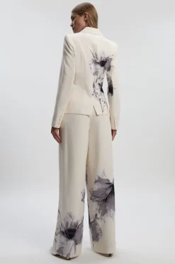 Pantalon Large à Plis en Crêpe Tailleur avec Imprimé Floral Placé