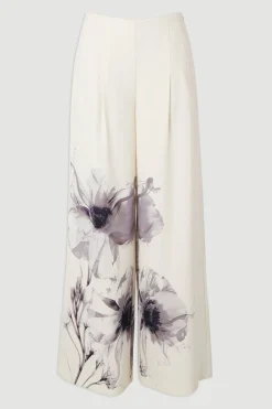 Pantalon Large à Plis en Crêpe Tailleur avec Imprimé Floral Placé