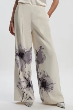 Pantalon Large à Plis en Crêpe Tailleur avec Imprimé Floral Placé