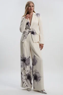 Pantalon Large à Plis en Crêpe Tailleur avec Imprimé Floral Placé