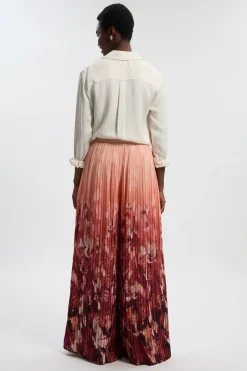Pantalon Large à Plis et Motif Floral Tissé