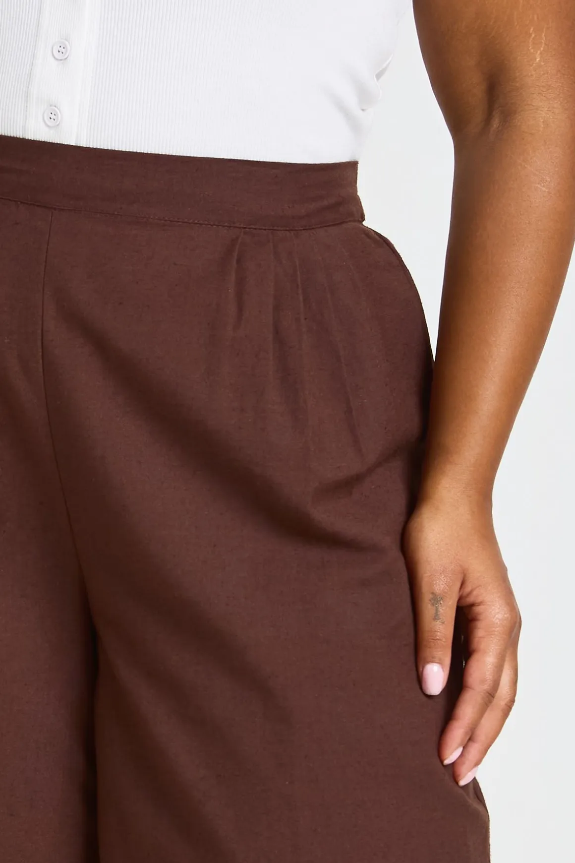Pantalon Large Plissé Aspect Lin Grande Taille