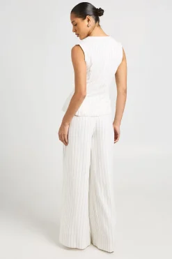 Pantalon Large Plissé À Rayures Effet Lin Coupe Tailleur
