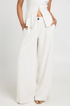 Pantalon Large Plissé À Rayures Effet Lin Coupe Tailleur