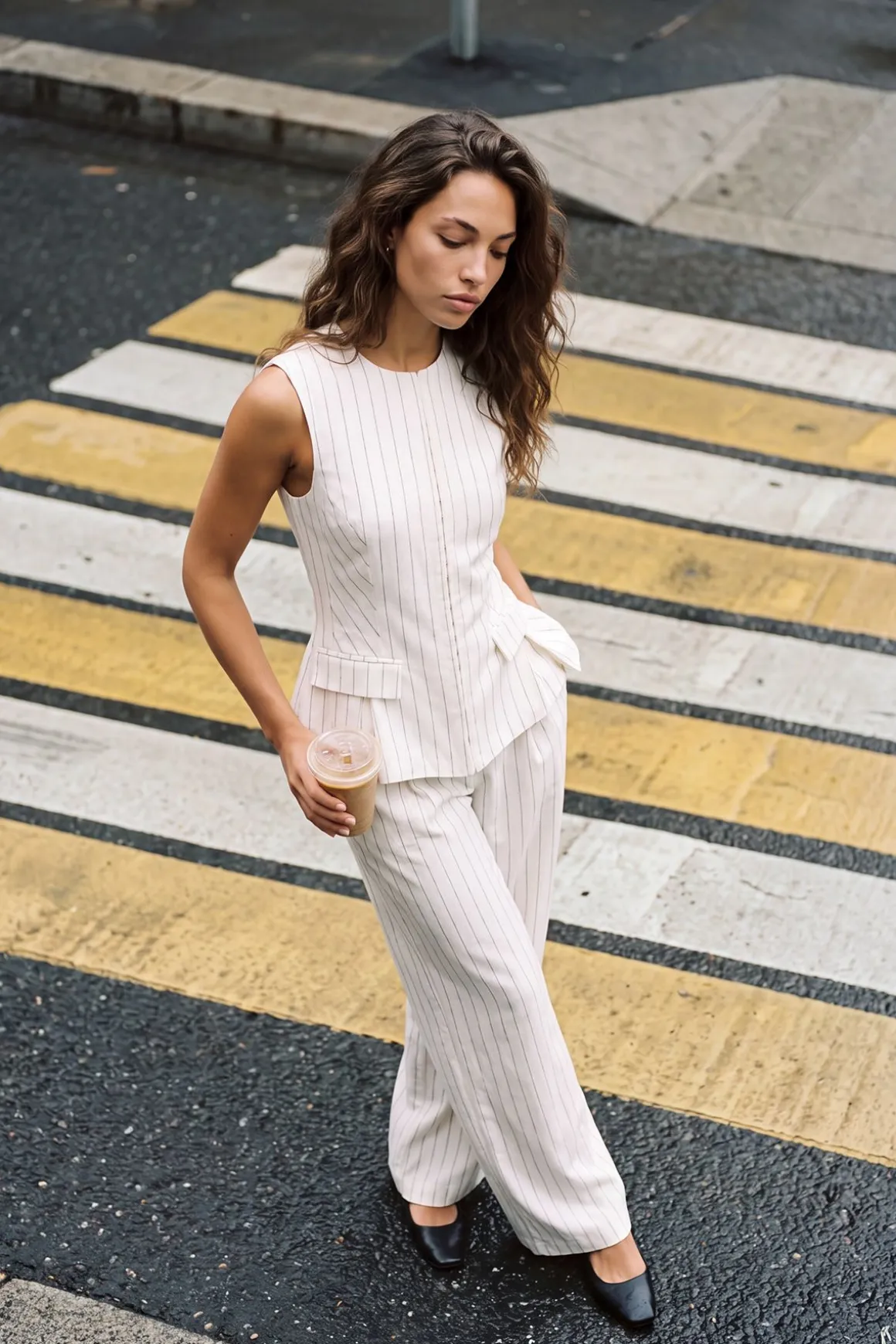 Pantalon Large Plissé À Rayures Effet Lin Coupe Tailleur