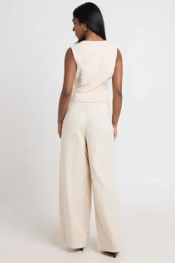 Pantalon Large Plissé Tailleur Aspect Lin