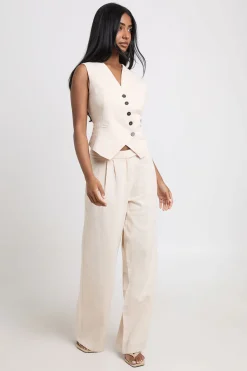 Pantalon Large Plissé Tailleur Aspect Lin