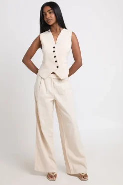 Pantalon Large Plissé Tailleur Aspect Lin