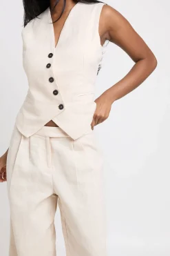 Pantalon Large Plissé Tailleur Aspect Lin