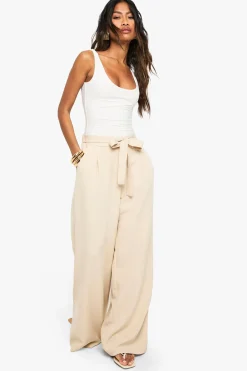 Pantalon Large Plissé Tissé Avec Ceinture À Nouer