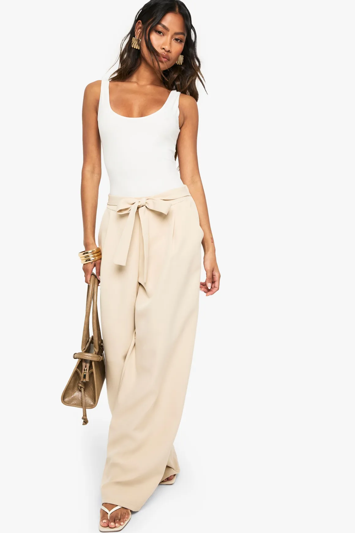 Pantalon Large Plissé Tissé Avec Ceinture À Nouer