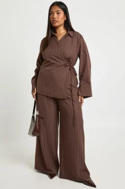 Pantalon Large Plissé Tissé à Rayures Grande Taille