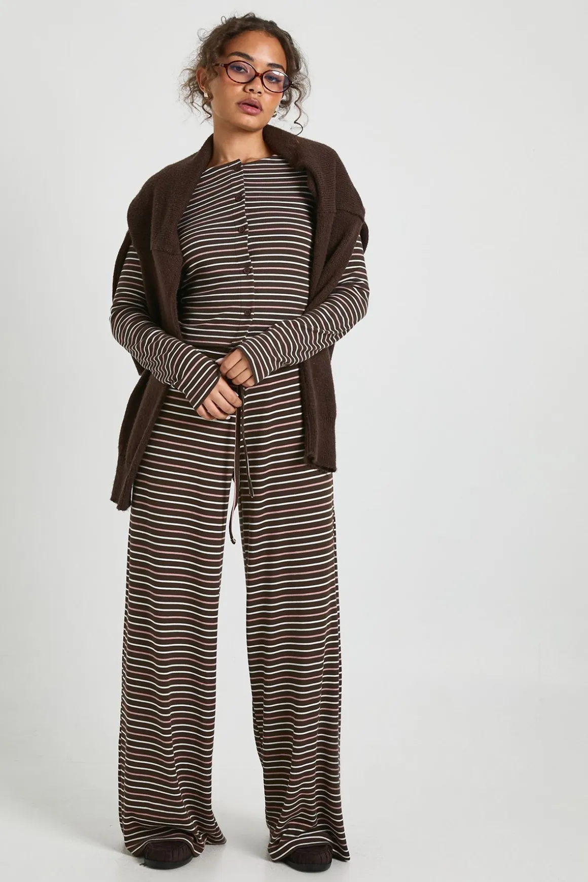 Pantalon Large Rayé Taille Mi-haute
