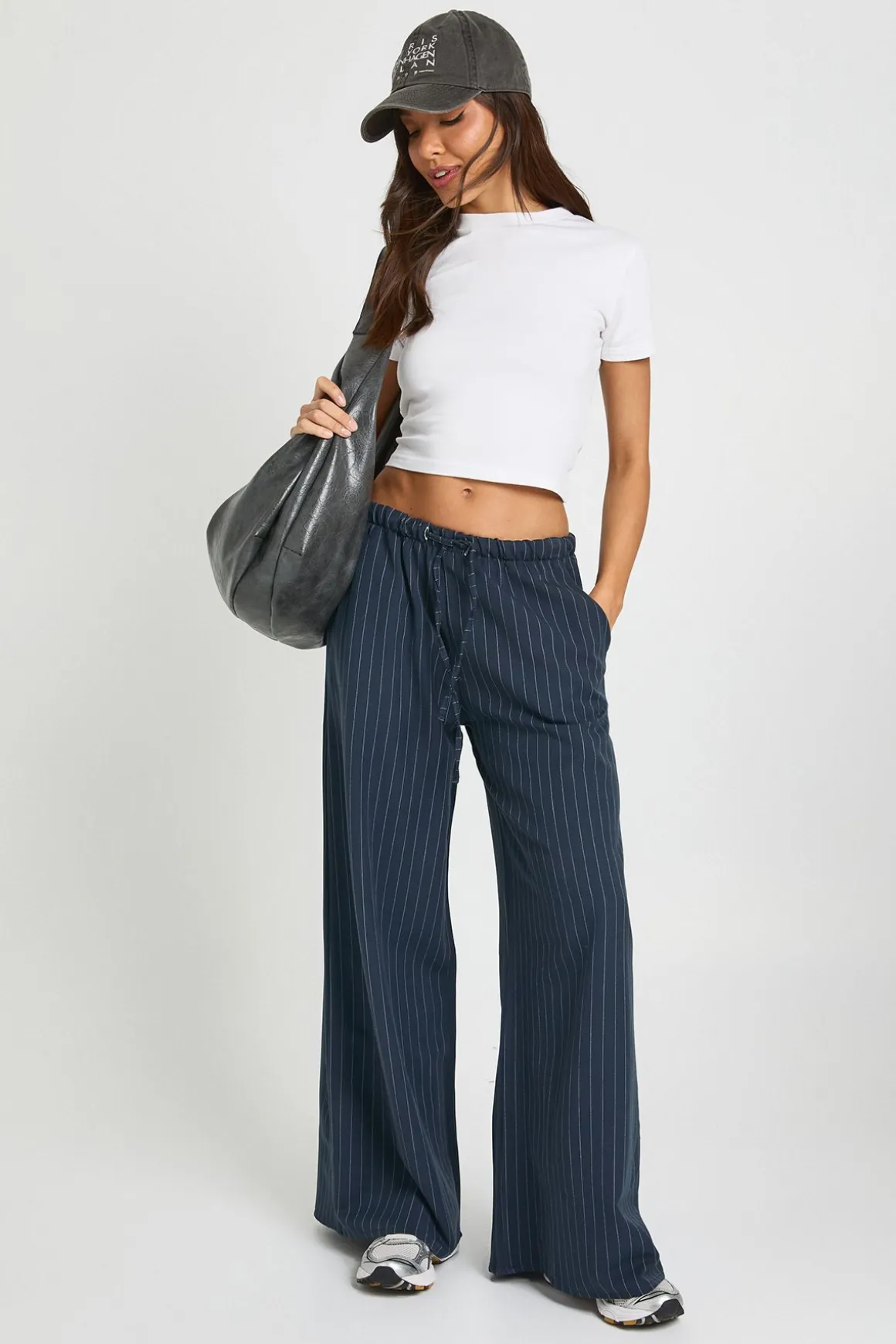 Pantalon Large À Rayures Fines Avec Cordon De Serrage Petite