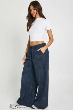 Pantalon Large À Rayures Fines Avec Cordon De Serrage Petite