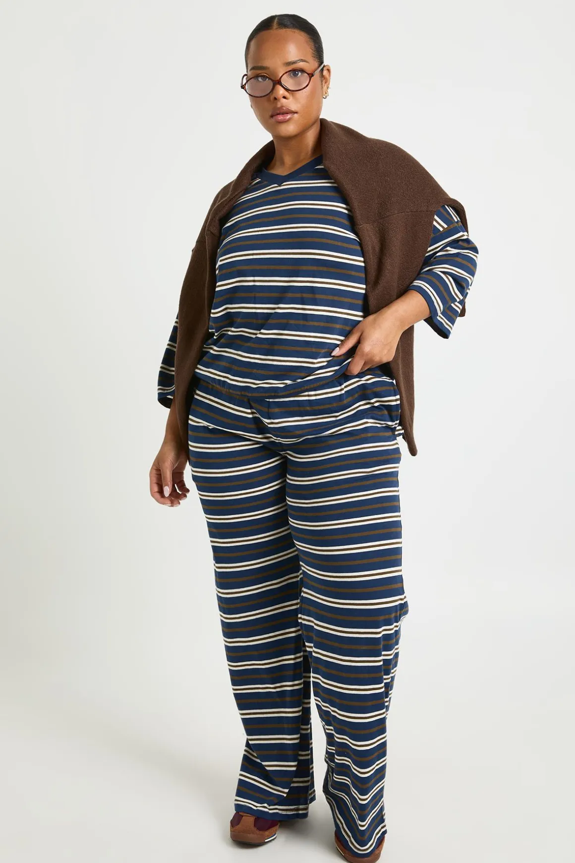 Pantalon Large À Rayures Grande Taille