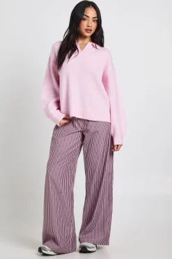 Pantalon Large À Rayures Tissées Avec Taille Élastiquée