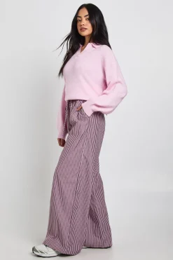 Pantalon Large À Rayures Tissées Avec Taille Élastiquée